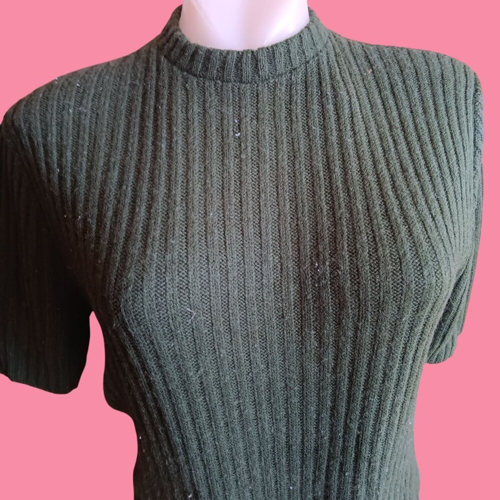 Women's Large Vintage 60's Sweater Green Ribbed Knit Acrylic T-shirt Top Zipback